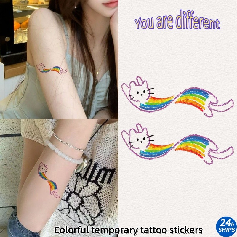สีสันธงลายสักน่ารักสาวแขนสักสติกเกอร์รอยสักกันน้ํายาวนาน7วันสติกเกอร์ผิวชั่วคราวสักปลอม