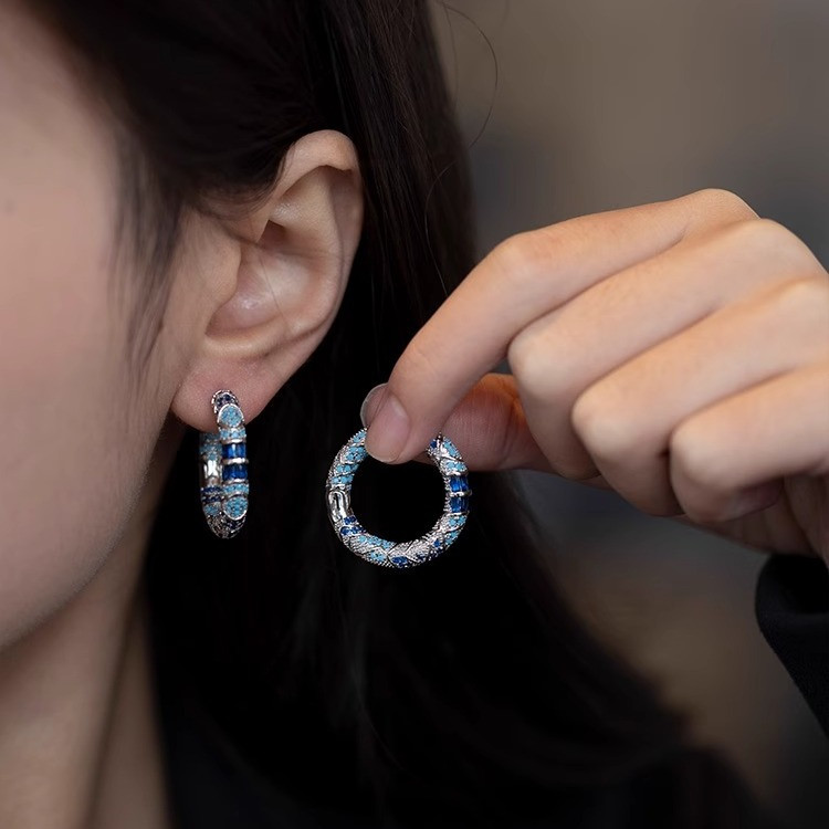 [GG] ต่างหูห่วงลายเพทายสีน้ําเงินย้อนยุคต่างหูสไตล์แปลกใหม่ผู้หญิง - รูปที่ 3