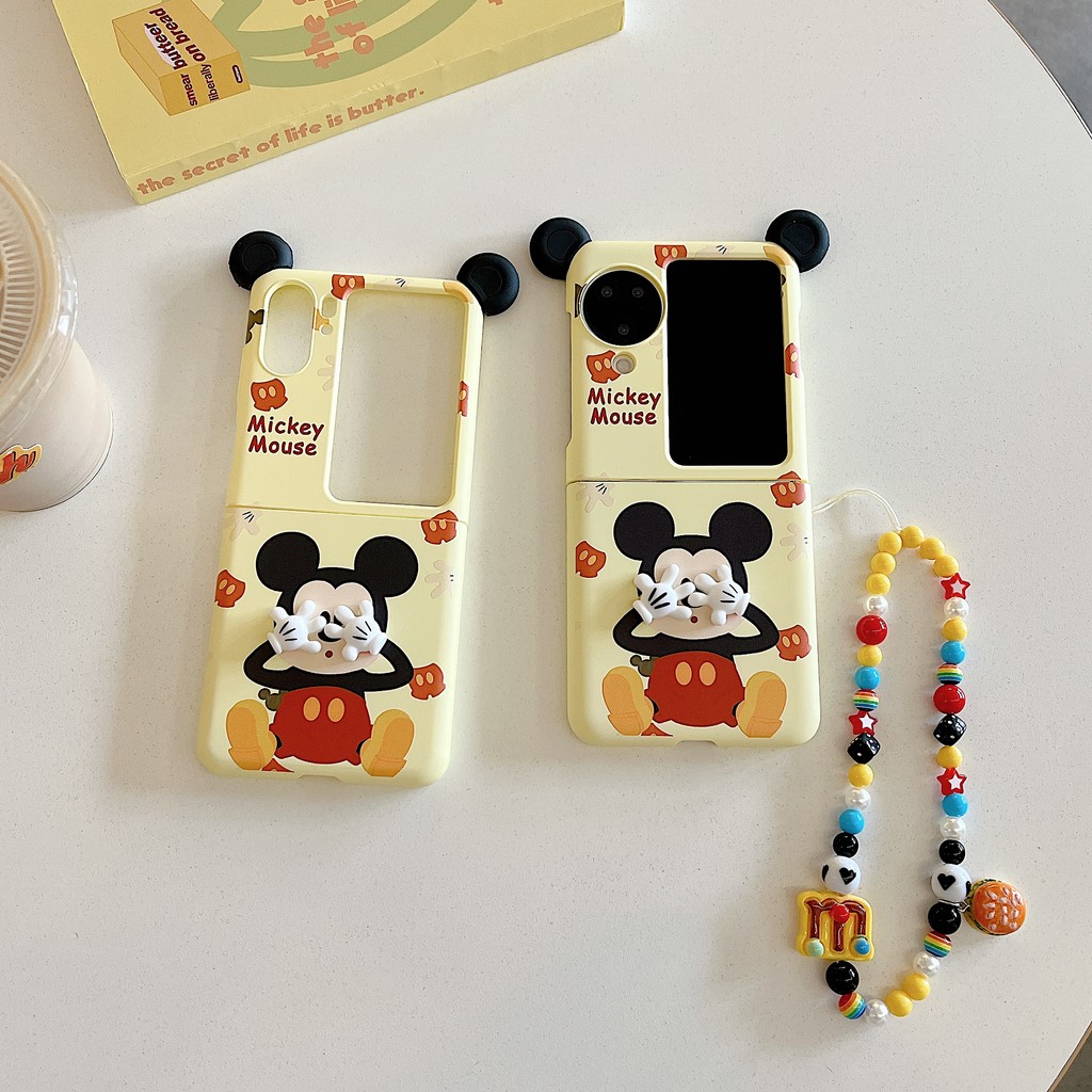 เคสโทรศัพท์แบบพับได้สําหรับ Oppo Find N2 N3 Flip สร้อยข้อมือมิกกี้น่ารักพร้อมหูเคสโทรศัพท์ tpu แบบแข็ง