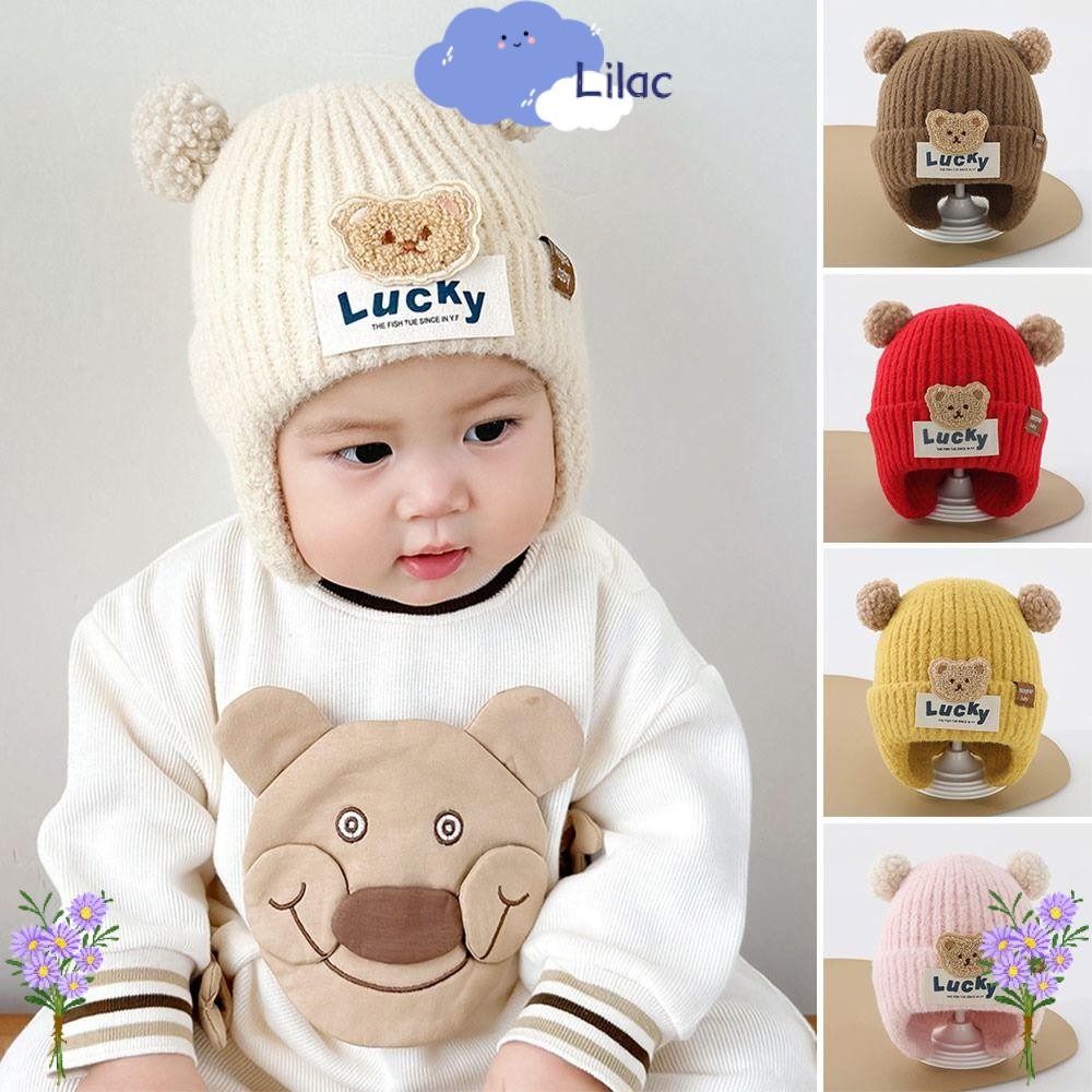 ลิแลค 6-24เดือน เด็กถักหมวก,น่ารักตุ๊กตาบอลหมวกฤดูหนาว, กันลม สีทึบการ์ตูนนุ่มเด็กหมวกอบอุ่นทารกแรกเกิดเด็กวัยหัดเดิน