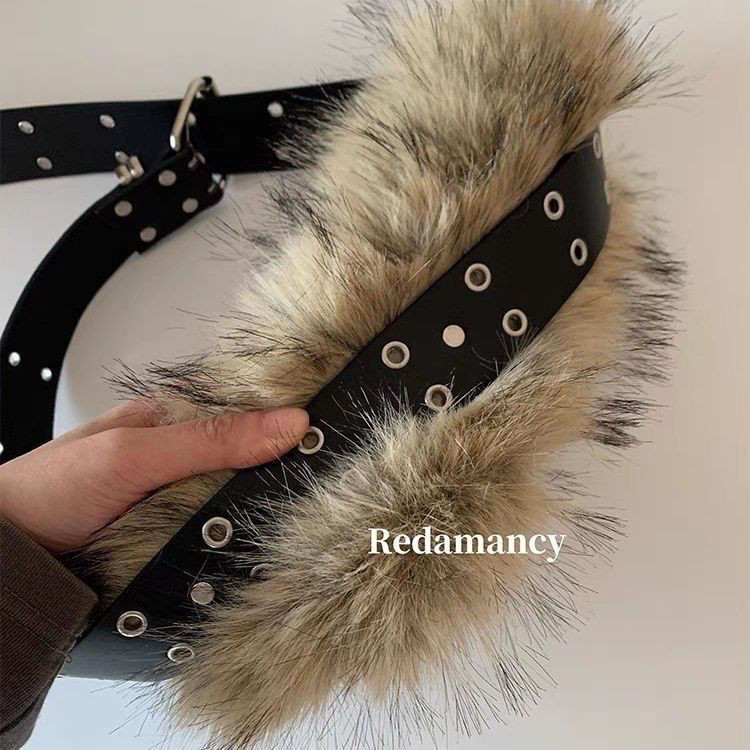 Fu American Ancient Asian Culture Punk ik Fur Stitching Belt Hot Girl Fur Accessories Belt อินเทรนด์ mibai.th20250511