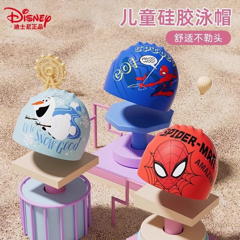 Disney หมวกว่ายน้ําเด็กชายหญิงกันน้ํา Fit ไม่บีบหัวการ์ตูนน่ารักซิลิโคนหมวกว่ายน้ํามืออาชีพ