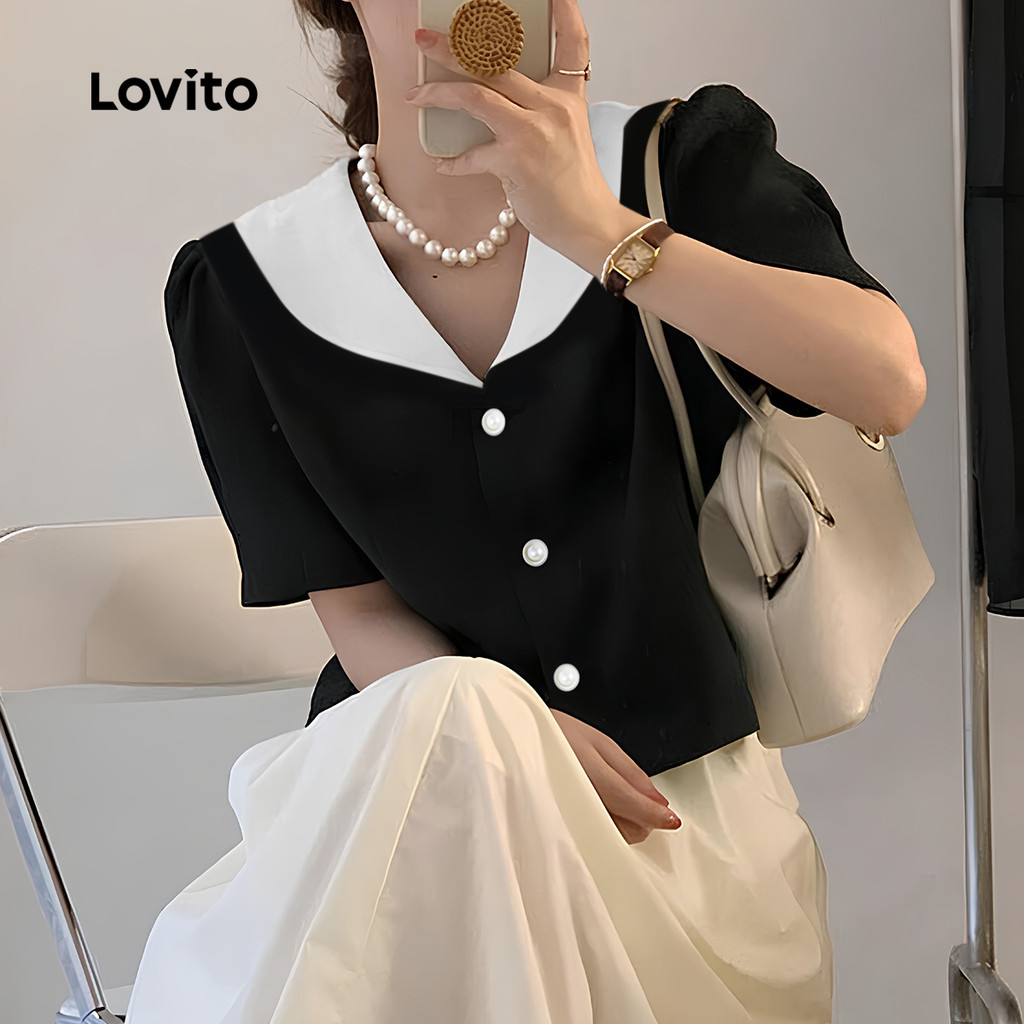 Lovito เสื้อเบลาส์เย็บผ้าด้านหน้ากระดุมธรรมดาแบบลําลองสําหรับผู้หญิง L131LD1204 ราคา ถูกที่สุด ดีลบีเคเค แกลเลอรีภาพที่ 2