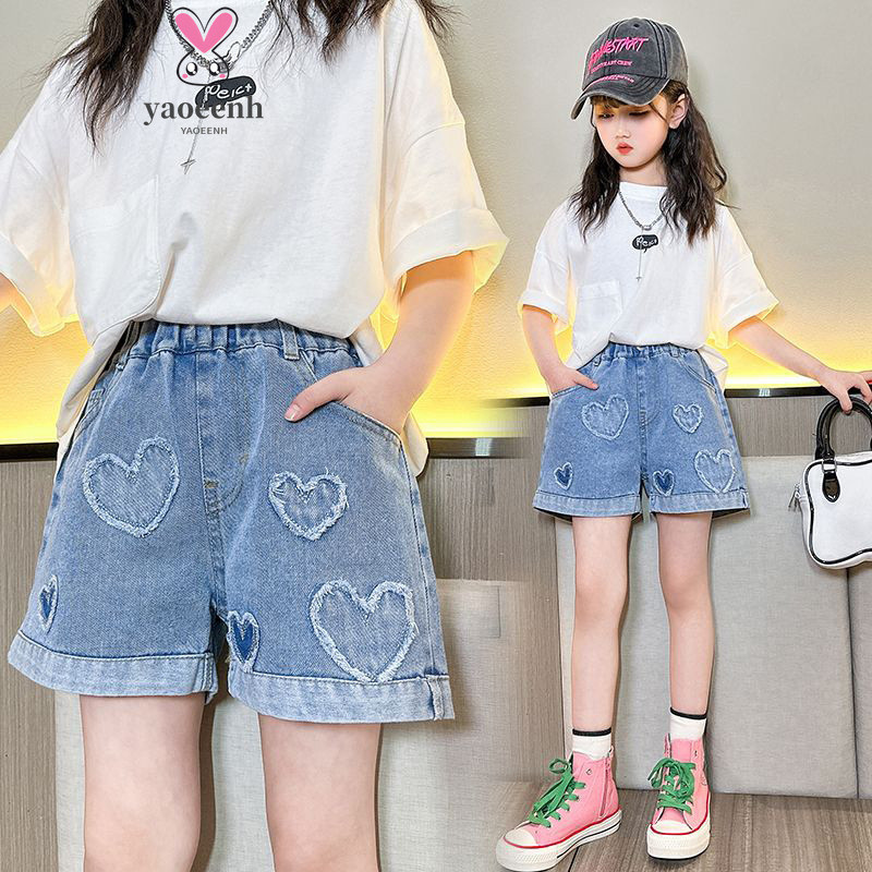 【YAOEENH】100-160ซม.ฤดูร้อนสาวหลวมกางเกงขาสั้นสบายๆกลางเด็กใหญ่นุ่มกางเกงยีนส์กางเกงขาสั้นเอวสูงสวมใส่ด้านนอกพร้อมสต็อกจัดส่งที่รวดเร็ว