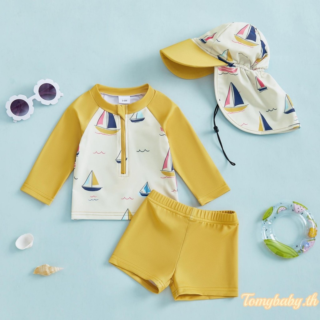 Tomybaby-เด็กทารกRash Guardชุดว่ายน้ําชุดเรือใบพิมพ์เสื้อแขนยาวซิป + กางเกงขาสั้นแข็ง + หมวกว่ายน้ํา 3 ชิ้นชุด