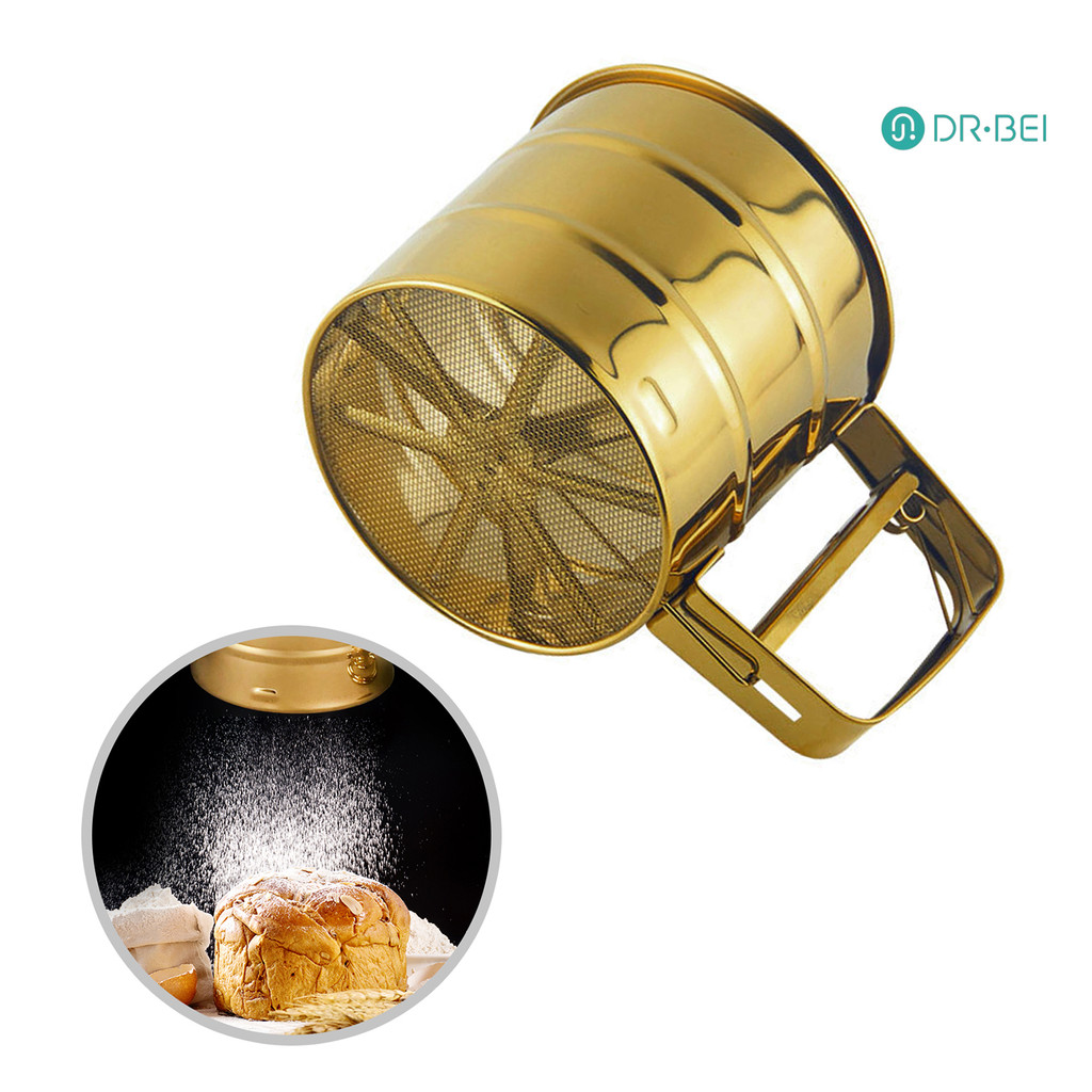 ดร.เบอิ ถ้วยตะแกรงแป้งมือถือสะดวกสแตนเลสสีทองที่ร่อนแป้งสําหรับทําเบเกอรี่