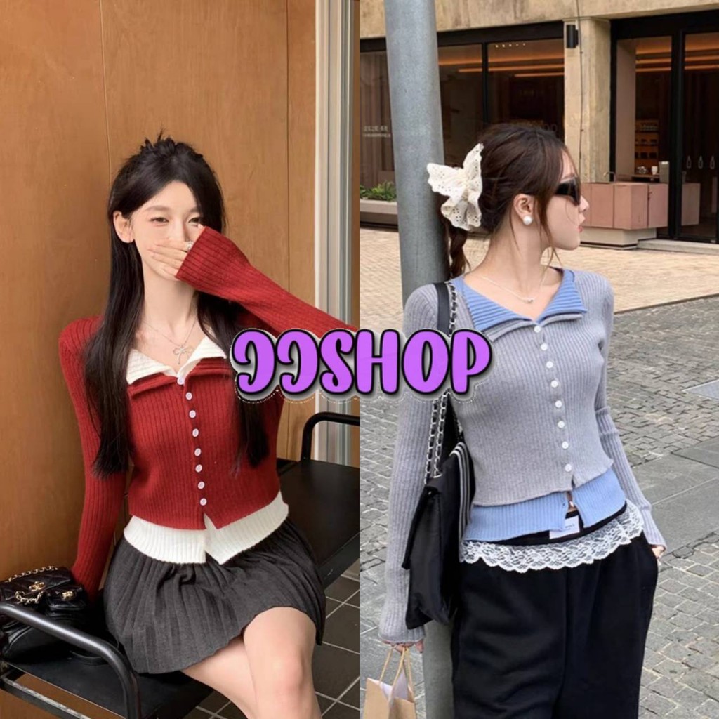 JJ Shop​ ​พร้อมส่ง เสื้อไหมพรมแขนยาว คอปก ดูดีมีสไตล์ ผ้าร่องเล่นแต่งสองสี "15048"