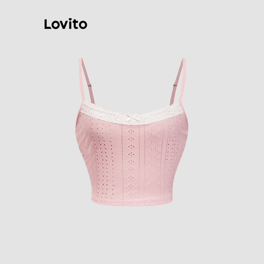Lovito เสื้อสายเดี่ยวผู้หญิง ลายสก๊อต ลูกไม้ สไตล์น่ารัก L90AD002