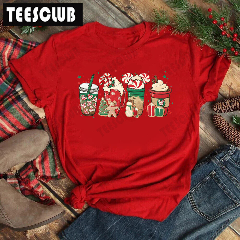 Merry Christmas Coffee T Shirt เสื้อยืดคอกลมสีแดงพิมพ์ลายถ้วยกาแฟคริสต์มาส