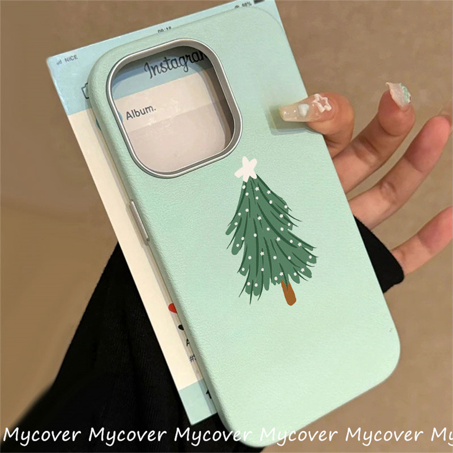 คริสต์มาส Green Tree Stars INSปลอกหนังเรียบง่ายสําหรับiPhone 11 12 13 14 15 16 Pro MaxสีเทาiPhoneสําหรับiPhone 7PlusสําหรับiPhone X Xs Max Xrคริสต์มาสปกเคสโทรศัพท์