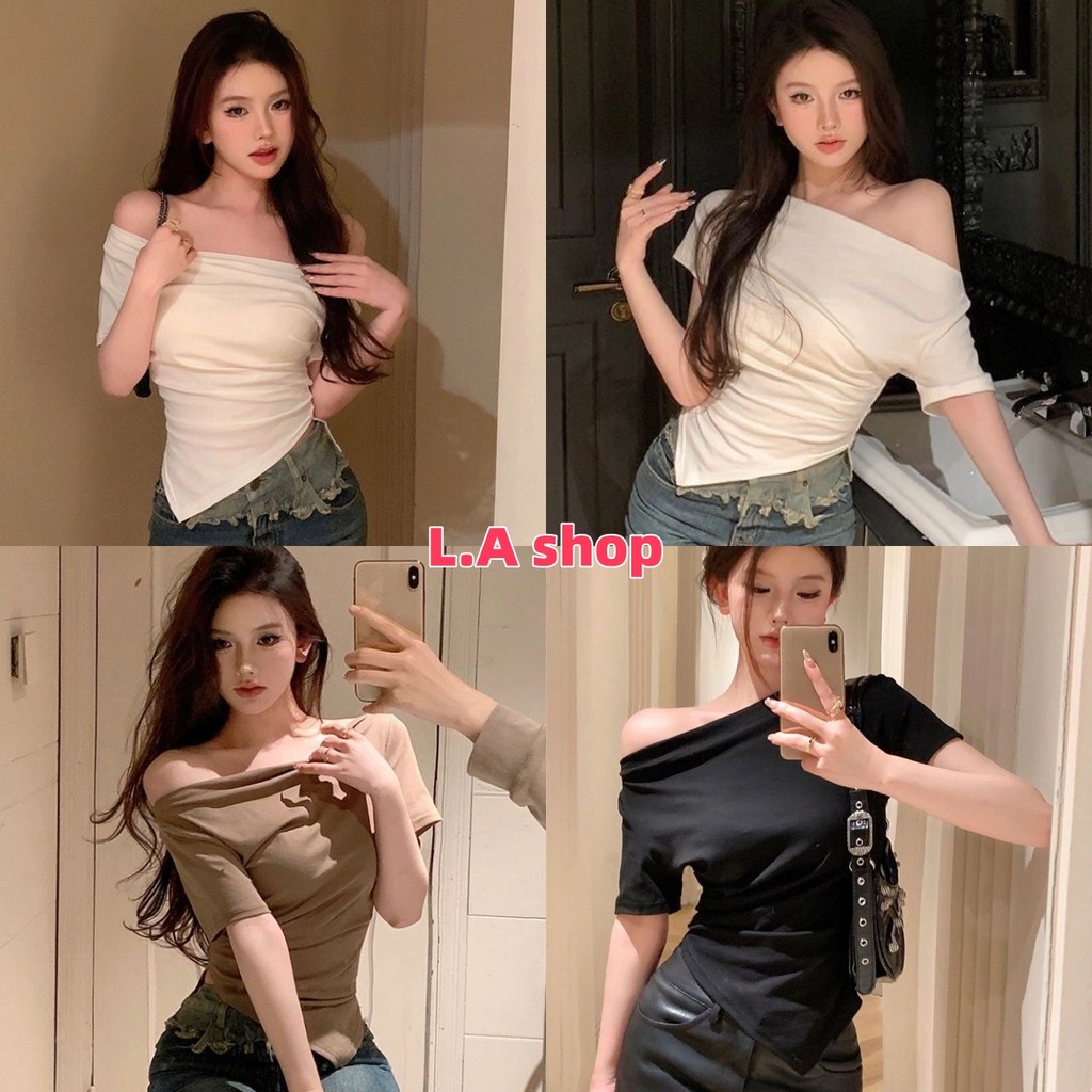 L.A Shop★สไตล์ใหม่★เสื้อแขนยาว ดีเทลเปิดไหล่ สไตล์เกาหลี ทรงตามตัวปลายเฉียง "FY927"