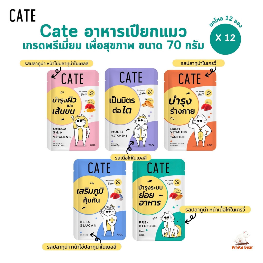 CATE เคท [12 ซอง] อาหารเปียกแมว เกรดฟรีเมี่ยม เพื่อสุขภาพ มี 5 สูตร ขนาด 70 กรัม