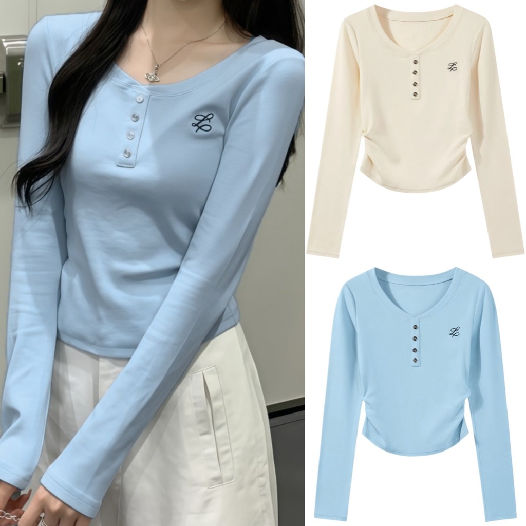 Suysuy พร้อมส่ง เสื้อแขนยาว คอกลม สม็อคข้าง ดีไซน์กลางอกแต่งกระดุม แนวเกาหลี ผ้าเรยอน นุ่มนิ่ม ใส่สบาย ยืดเยอะมาก