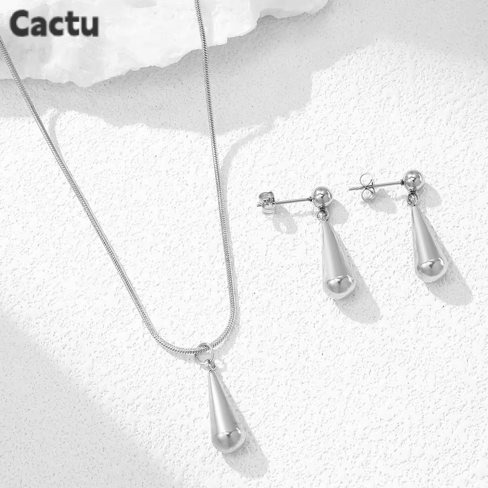 Cactu จี้ทรงหยดน้ํา,สแตนเลสพรีเมี่ยมต่างหูสร้อยคอ Combo Set,ทองคุณภาพสูง/เงิน Minimalist Design เครื่องประดับอุปกรณ์เสริมของขวัญสําหรับผู้หญิง