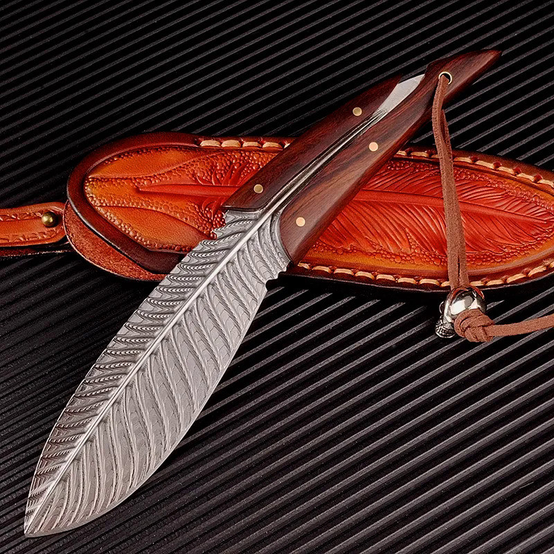 Damascus One-piece Straight Knife High Quality Steel Feather Knife Outdoor Hand Knife High Hardness 