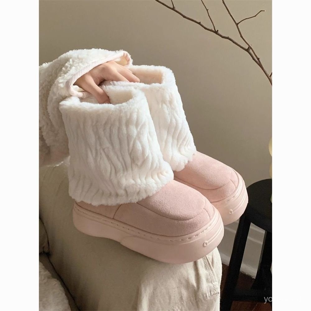 รองเท้าผ้าฝ้ายบุขนหนาภาคตะวันออกเฉียงเหนือรองเท้าบูทสั้นขนฟูพื้นหนาแฟชั่นรองเท้าบูทลุยหิมะสีผสมย้อนย