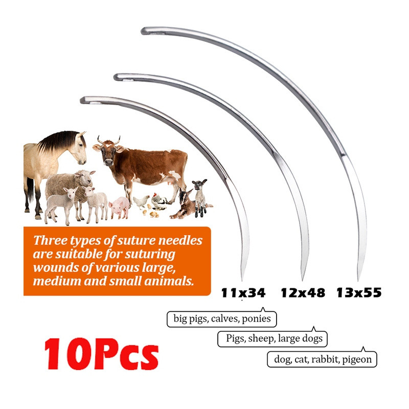 10 ชิ้นเข็มเย็บสแตนเลส Veterinary Surgical Suture เข็มโค้งสําหรับไก่แพะหมู