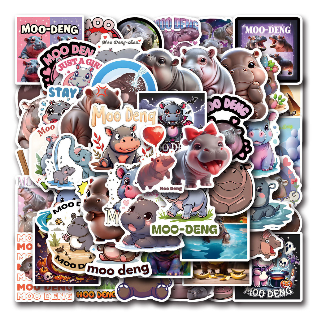 พร้อมส่ง moodeng สติ๊กเกอร์ ฮิปโป หมูเด้ง 60/72ชิ้น Sticker รูปแบบการ์ตูน PVC เคลือบกันน้ำ สีสด คมชัด