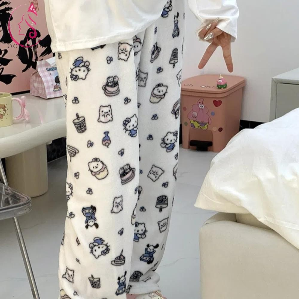 Oceanmap Flannel ขนแกะกางเกง,หมีการ์ตูน Kitty Cat Pajama กางเกง,เสื้อผ้าหน้าแรก Homewear ชุดนอน Kawaii ผ้ายืดหยุ่นกางเกงฤดูหนาว