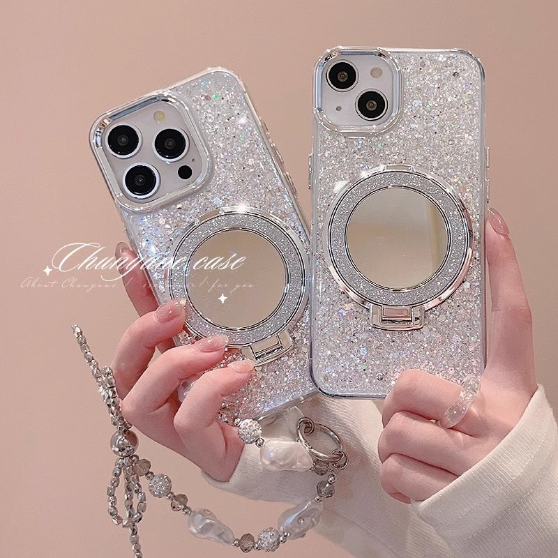 หรูหราglitter 3DกระจกSequinsผู้ถือเคสโทรศัพท์สําหรับiPhone 16 ProMax 15 14 13 12 Pro Max 11 Stylishอีพ็อกซี่กันกระแทกนุ่มปกหลัง