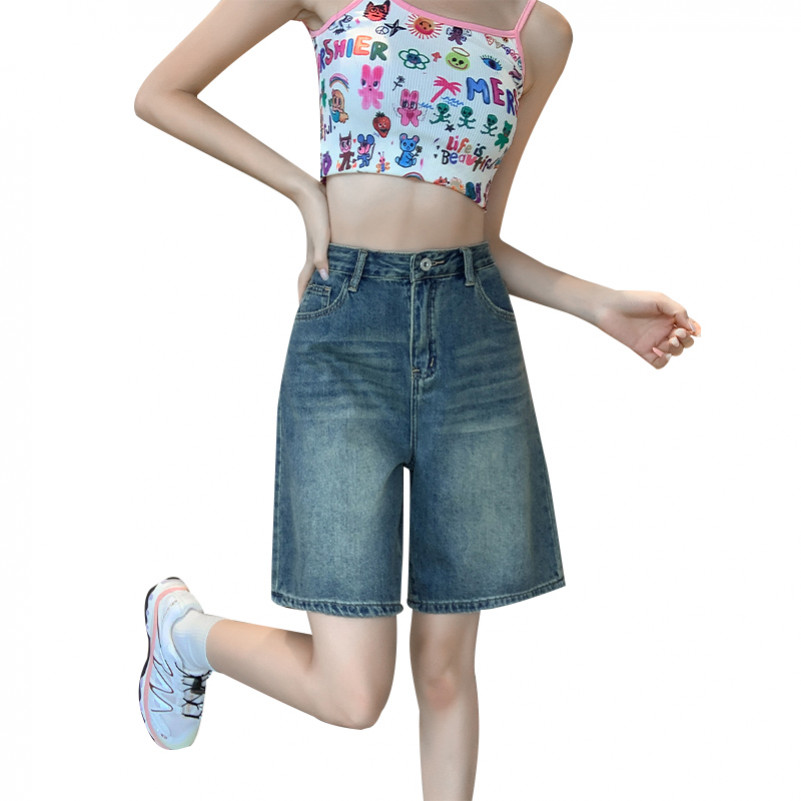 S-7XL 2 สี กางเกงยีนส์ขาสั้น ทรงขากว้าง เอวสูง ทรงตรง กางเกงขายาวสไตล์ย้อนยุค 5 แต้ม - รูปที่ 6