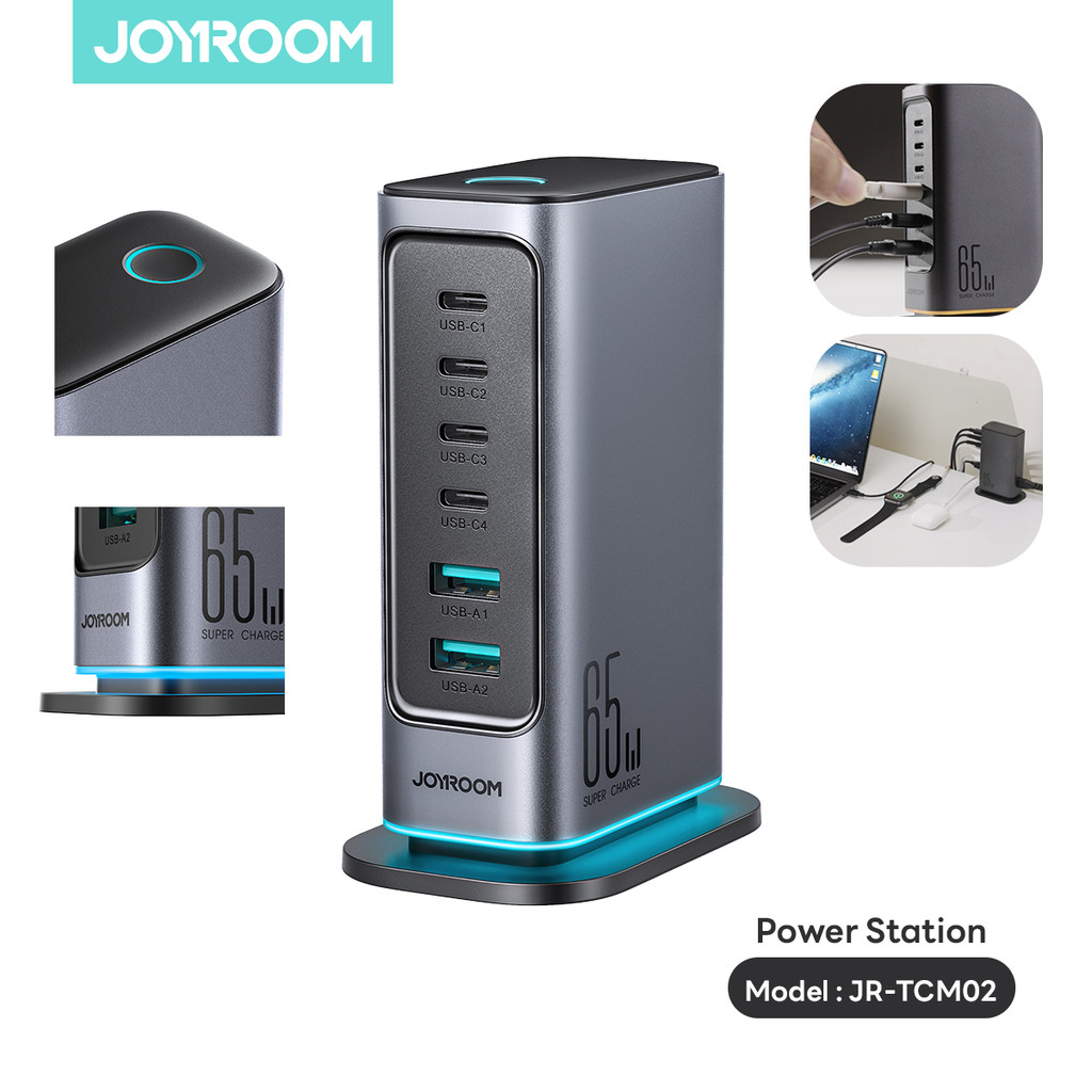 Joyroom รุ่น JR-TCM02EU แท่นชาร์จหลายพอร์ท 65W 2USB + 4USB-C -สีเทาเข้ม รองรับชาร์จเร็ว ของแท้100%