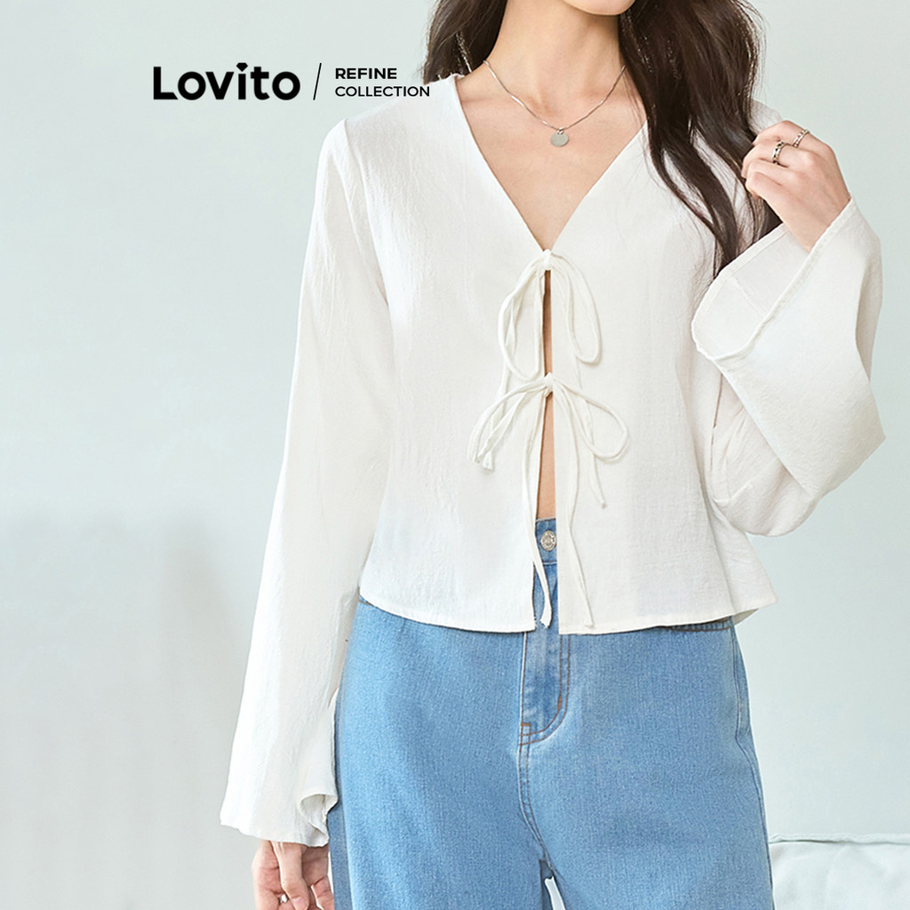 (Lovito Refine) เสื้อเบลาส์ลูกไม้ธรรมดาสำหรับผู้หญิง L104ED661