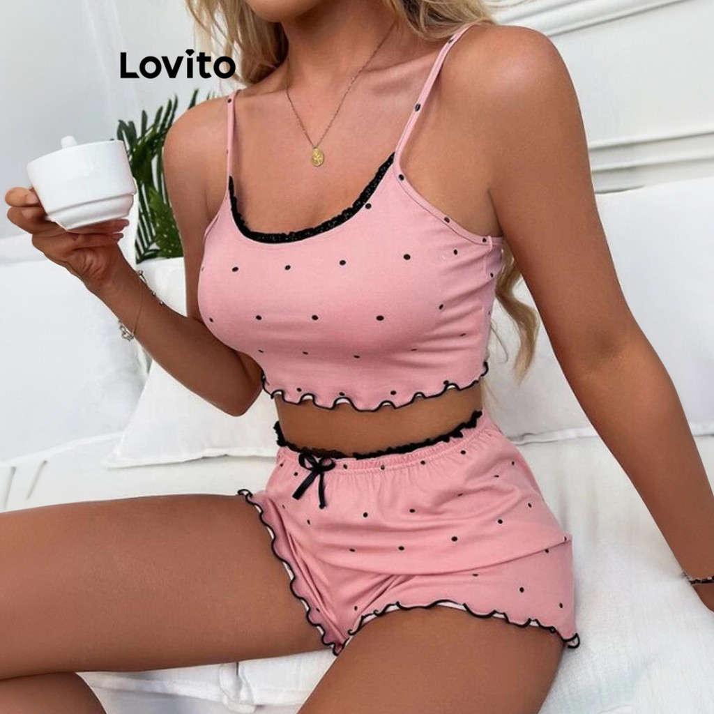 Lovito เซทชุดนอนผู้หญิง โบว์ด้านหน้า แต่งลูกไม้ ลายจุด สไตล์ลำลอง LNL61001