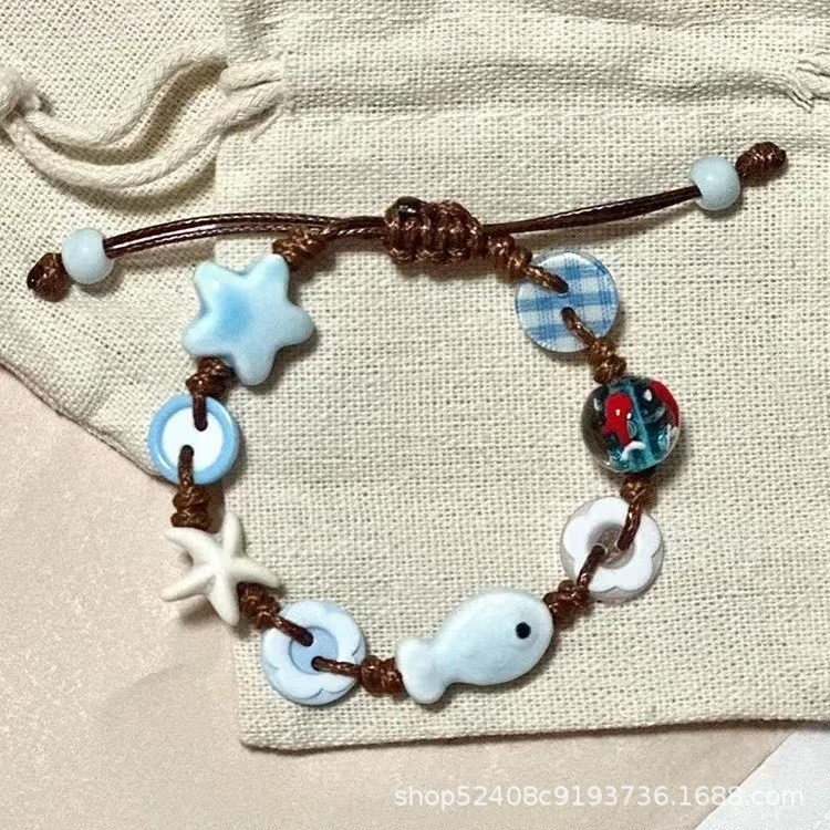 แฟชั่นretro Light Blue StarปลาดาวปลาCheckerboardปุ่มสร้อยข้อมือHandmadeเชือกสร้อยข้อมือชายหาดสําหรับผู้หญิงเครื่องประดับวันหยุดของขวัญปรับ