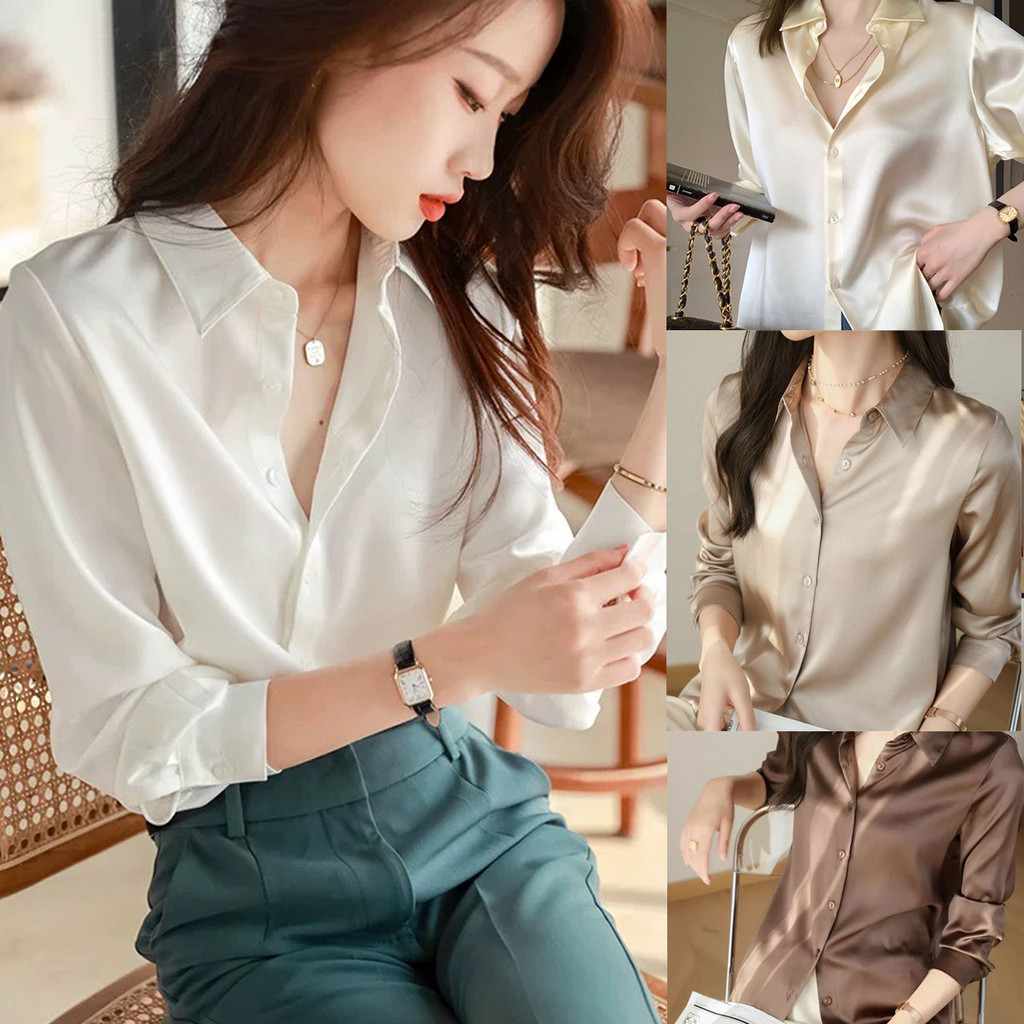 Cuites เสื้อเบลาส์สำหรับผู้หญิง สไตล์เกาหลี เสื้อเชิ้ตแขนยาว ผ้าซาติน ทรงหลวม คอปก เนื้อผ้าดีลื่นใส่สบาย W443