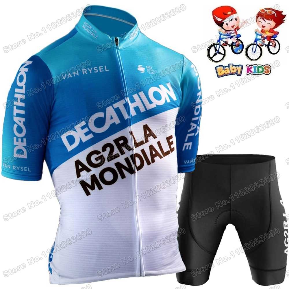 ชุดขี่จักรยาน Jersey แบบแฟชันทีม AG2R สำหรับเด็กและเยาวชน พร้อมกางเกงขี่จักรยาน