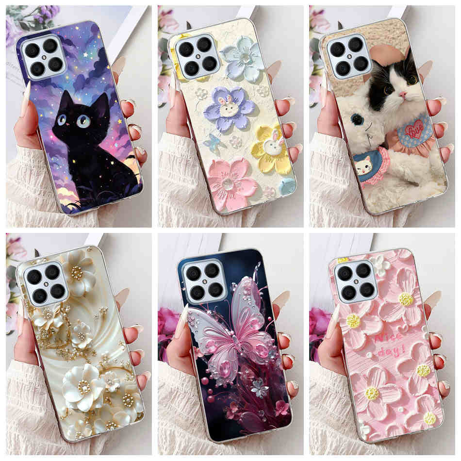 Honor X8 TFY-LX1 TFY-LX2 TFY-LX3 แมวผีเสื้อดอกไม้ทาสีกรณี HonorX8 4G ซิลิโคนนุ่ม TPU เคสโทรศัพท์
