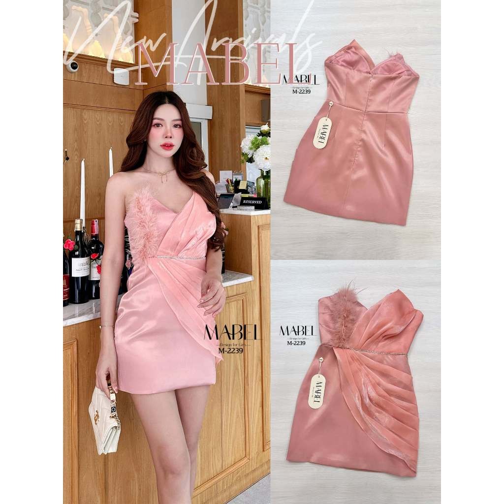 (xs-xl) (พร้อมส่ง) Nabi&Mabel24 MINIDRESS เกาะอกสีชมพู ด้านหน้าแต่งด้วยขนนกฟรุ้งฟริ้ง ช่วงเอวติดเพชร