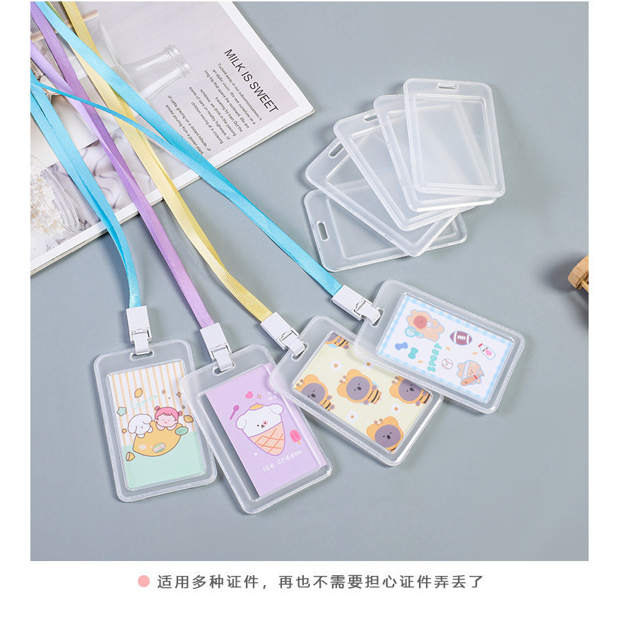 ที่ใส่บัตรใสสองด้านที่ใส่บัตรที่มีสายคล้องสำหรับนักเรียนที่ใส่บัตรที่มีเชือกเส้นเล็กที่ใส่บัตรลายการ์ตูนกันน้ำ