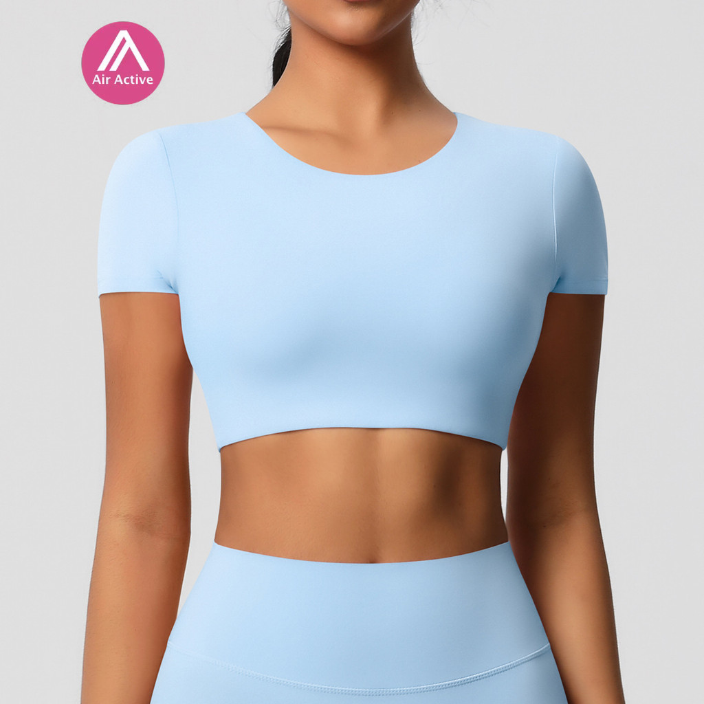 Yoga Sports T-shirt Padded Crop Top Short Sleeves Moisture-wicking