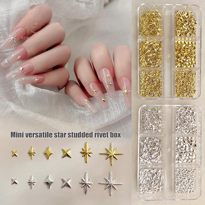 [maybeauty] 6 Grids Metallic Gold Silver Nail Art Rhinestones Decor Nail Charms Flatback Starburst Pentagrams Jewel Nail Accessories {TH}