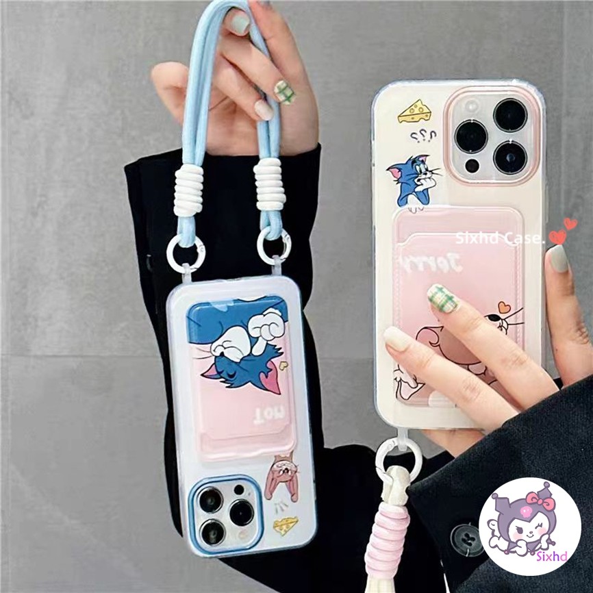 Tom and Jerry Card Bag Casing with Lanyard for IPhone 16 11 15 12 13 14 Pro Max X Xr Xs 8 7 Plus SE 2020 เคสซิลิโคนนุ่ม