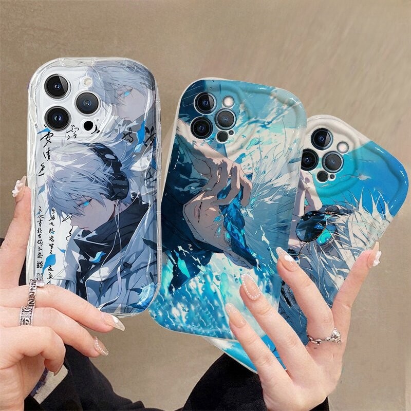 อะนิเมะ Jujutsu Kaisen Gojo Satoru สําหรับ Samsung S24 Ultra S23 S22 Plus Ultra S20 FE S21 J7 Prime เคสโทรศัพท์ครีมขอบหยักรูปแบบกล้องป้องกันซิลิโคนกันกระแทก