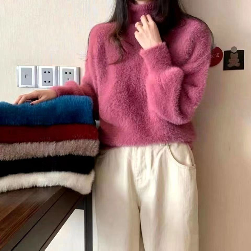 เสื้อกันหนาวคอจำลองผู้หญิงฤดูใบไม้ร่วงหลวมแขนยาวถักด้านบน