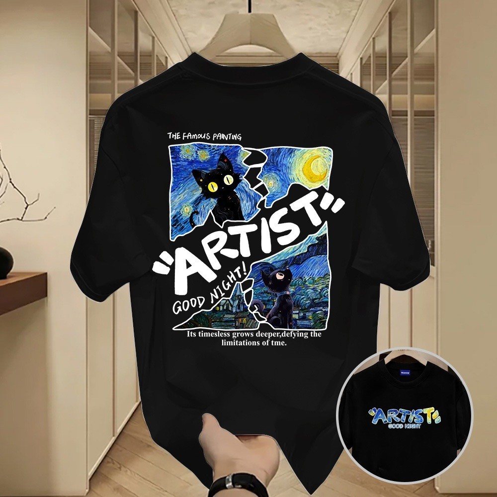 ✨ส่งจากประเทศไทย✨ เสื้อยืดคอกลมพิมพ์ลาย Graffiti starry sky cat เหมาะสำหรับทั้งชายและหญิง เหมาะสำหรับวัยรุ่น