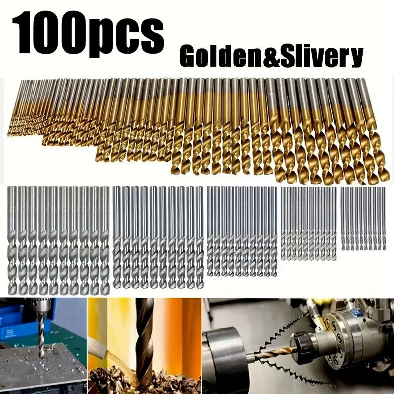 50/100pcs HSS Titanium Coated Twist Drill Bit Set High Speed Steel Metal Drill Bits For Cast Iron Wo