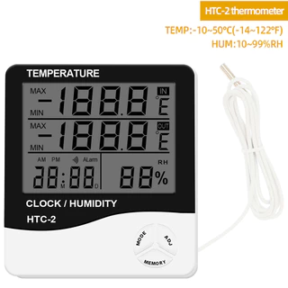 เทอร์โมมิเตอร์ HTC 1 และ HTC 2 เครื่องวัดอุณหภูมิ วัดความชิ้น พร้อมนาฬิกา แบบมีสาย แบตเตอรี่ AAA 1 ก้อน