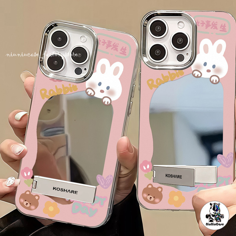 ✅Case For iPhone 11 13 15 14 12 16 Pro Max เคสไอโฟน11 16pro XS XR 8Plus เคส ลายกระต่ายน่ารัก กระจก กรณีโทรศัพท์มือถือชุบ