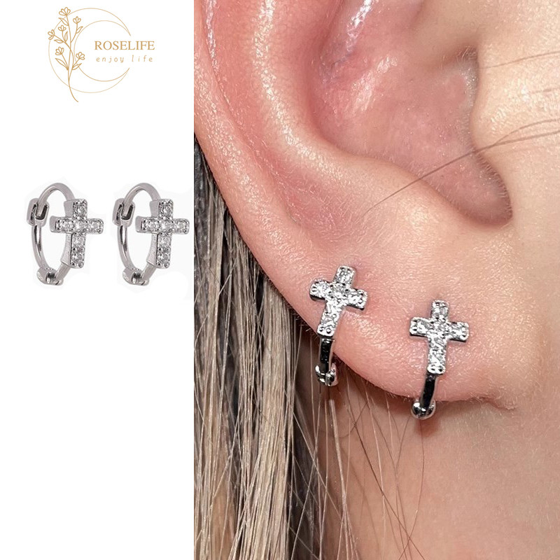 Roselife 1 คู่ S925 เงินคริสตัล Cross Hoop ต่างหูสําหรับผู้หญิงผู้ชายแฟชั่น Pirced หูวงกลมเครื่องประดับ