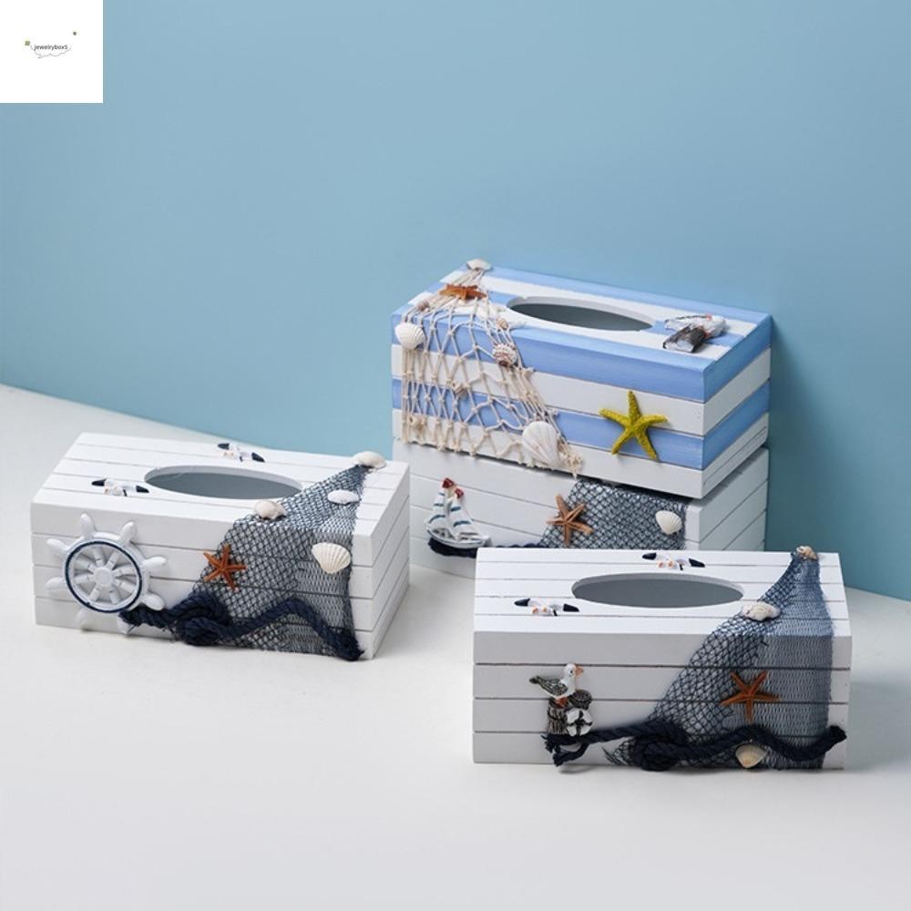 JEWELRYBOX5 กล่องเก็บทิชชู่, ที่ใส่ผ้าเช็ดปากไม้สไตล์เมดิเตอร์เรเนียน, ตกแต่งห้องชายหาด Ocean Themed กล่องกระดาษตกแต่ง Home