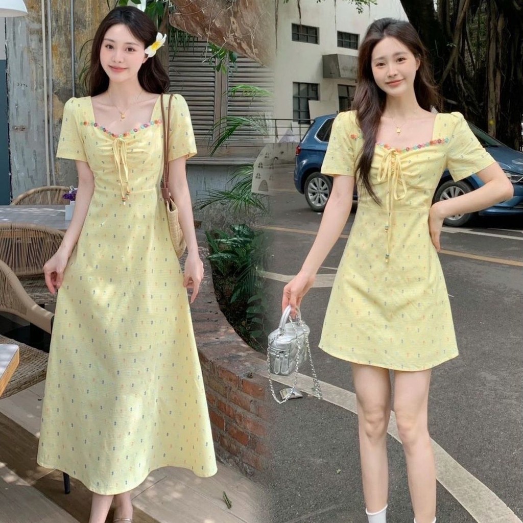 เดรส เดรสแขนสั้น ใหม่สไตล์จีนพิมพ์แขนสั้นชุดชิ้นเดียวชุดดอกไม้สีเหลืองชุดหวานหญิงฤดูร้อน สุด ๆ นางฟ้า ผอมลง ดู ก @-