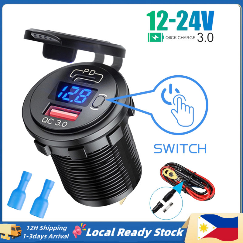 USB Car Charger QC3.0 PD Type C พร้อมซ็อกเก็ตสวิตช์สําหรับ 12 V/24 V ยานพาหนะเรือรถจักรยานยนต์ SUV รถบรรทุก Caravan Marine