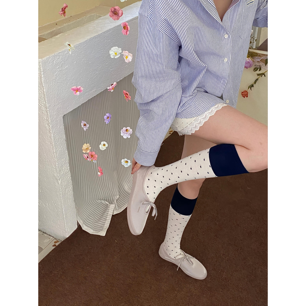 เกาหลีสีฟ้าสีชมพูเย็บคมชัดสีลายจุด ย2เค ย้อนยุคหวานผ้าฝ้ายแท้ดูดซับเหงื่อระบายอากาศ เจเค ถุงเท้าลูกวัวผู้หญิง