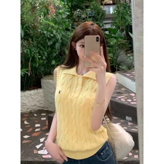 Hot พร้อมส่ง เสื้อกล้ามไหมพรม คอปก สไตล์เกาหลี สีพาสเทลใส่ง่าย W-J074