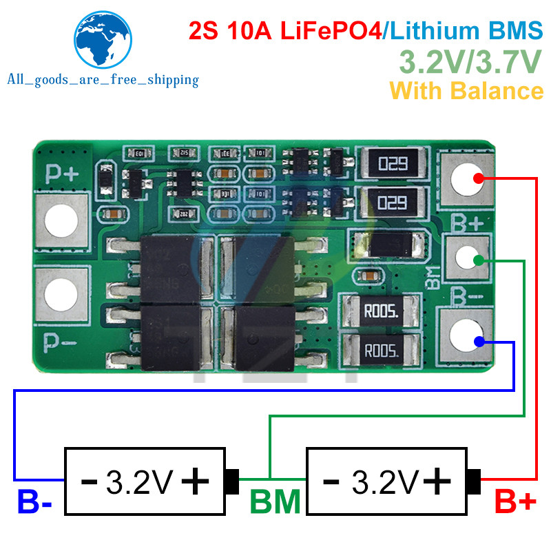 BMS 2S 3.2V 3.7V 10A LiFePO4 / แบตเตอรี่ลิเธียม Balance Charge Protection Board 6.4V 7.2V 18650 32650 แบตเตอรี่แพ็ค